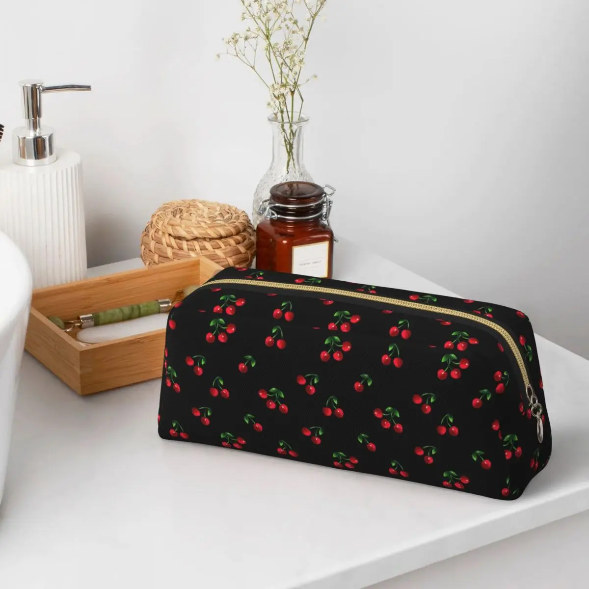 Black Sweet Cherry Pattern Pencil Cases for Student School Pen Box Pencil Bag Pencil Pouch Storage Stationery Supplies