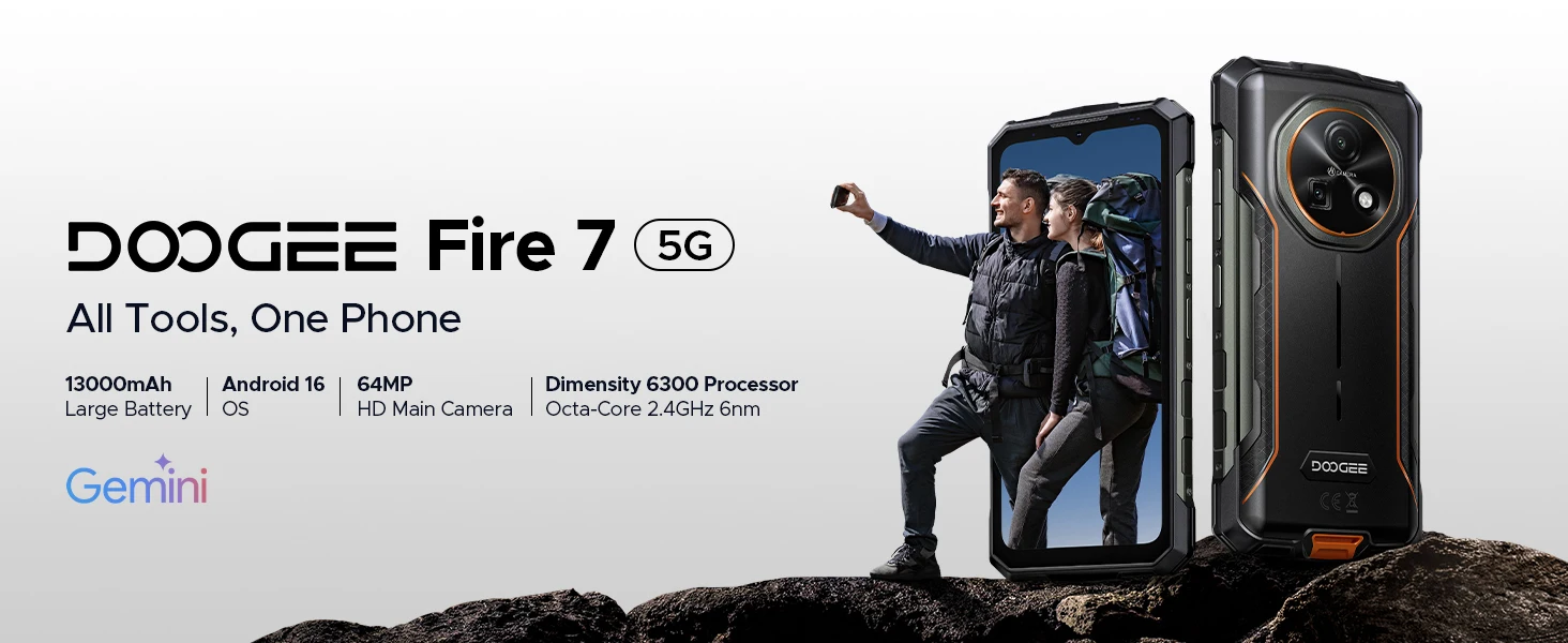 Phone robust DOOGEE Fire 7 5G Gemini AI 36Go (6 + 30) 128 Go battery mAh dimension Smartphone
