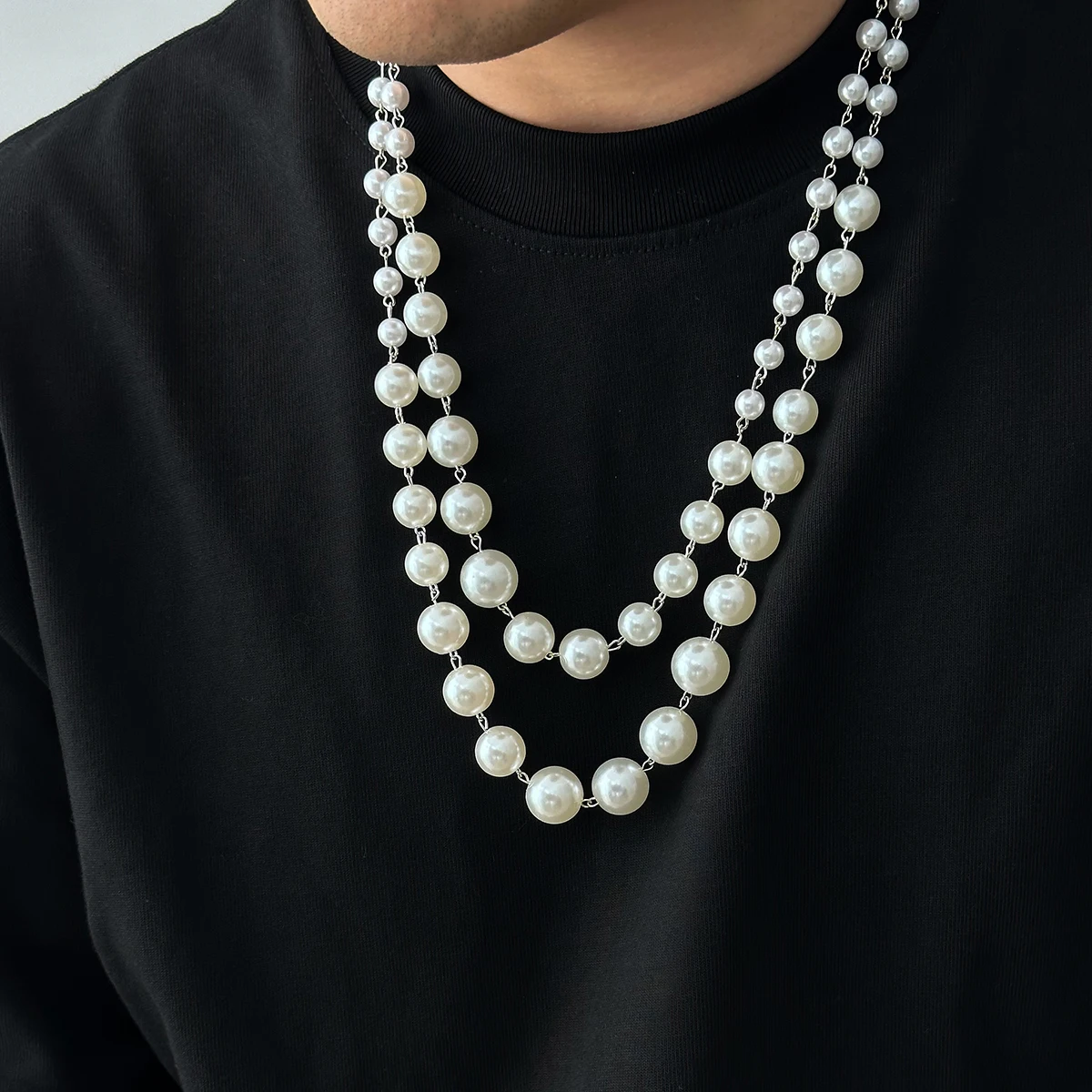 SHIXIN 2Pcs/Set Trendy Imitation Pearl Long Necklace for Men Vintage Multi-layer Beads Chain Necklace Male Fashion Neck Jewelry