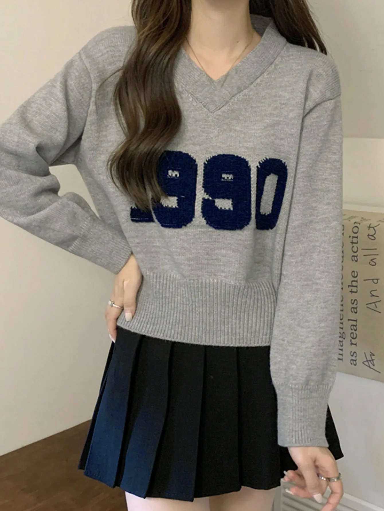 

Korean Chic Autumn and Winter Sweatshirt Knitwear Women's Outwear Bottoming Retro V Neck Letter Printed Knitwear