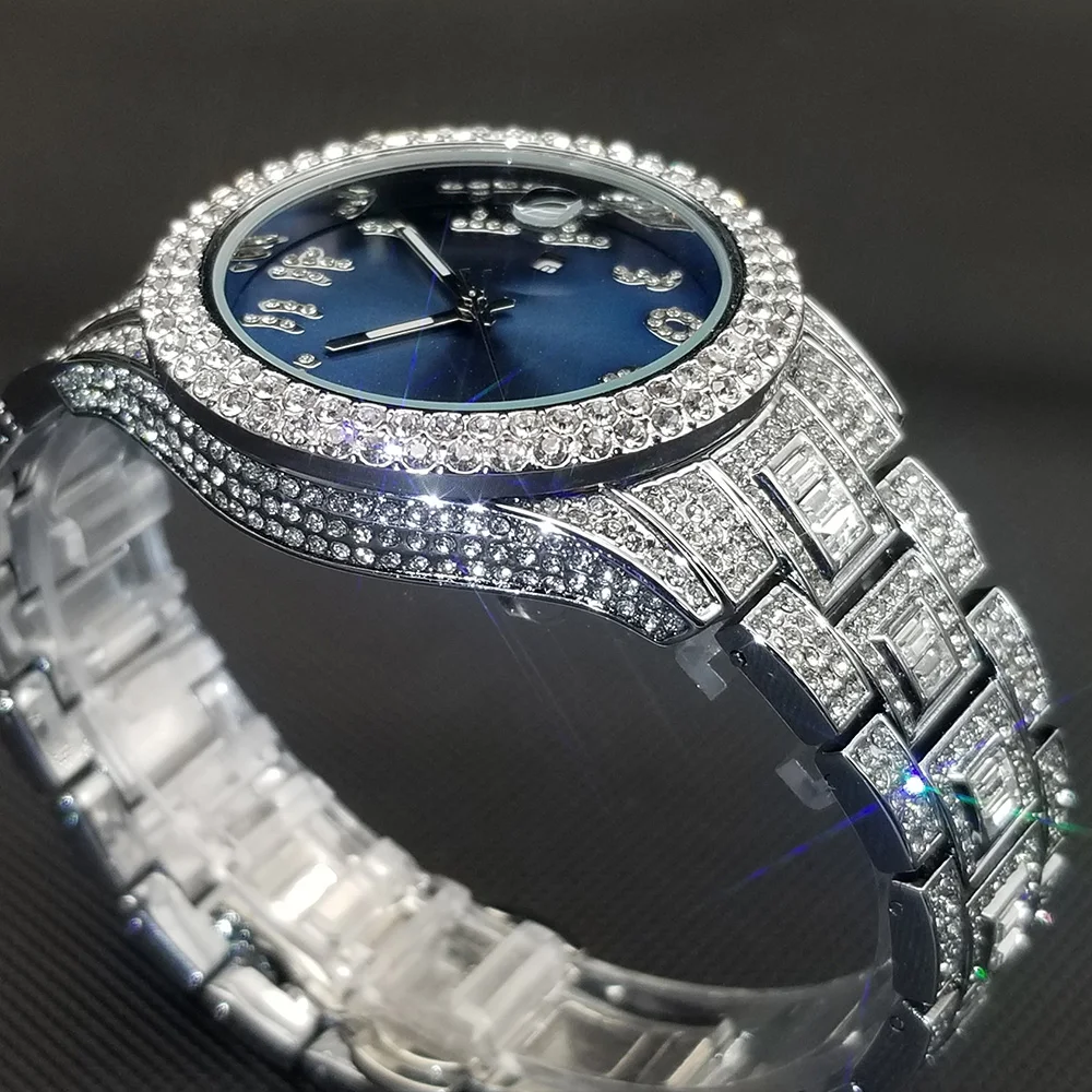 Original Diamond Watch For Men Luxury Hip Hop Blue Dial Watches Unique Bling Ice Out Luminous Waterproof relogios masculino Hot