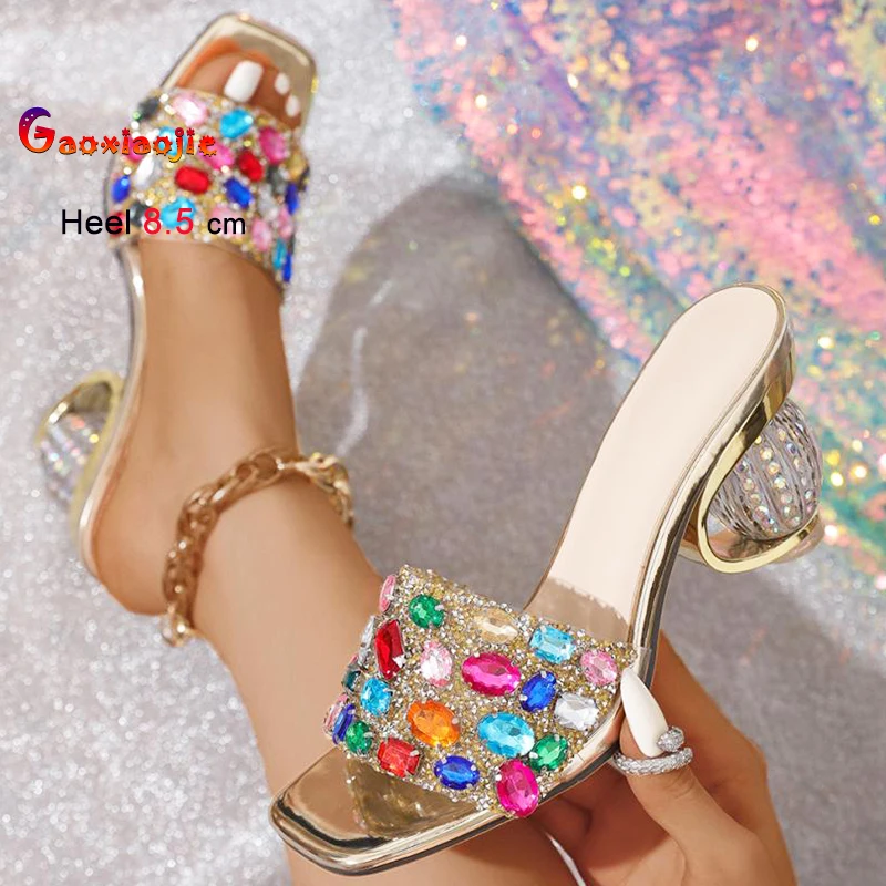 

Женская обувь на высоком каблуке 8,5 см, 2024, женские туфли-лодочки с прозрачной странной подошвой, разноцветные тапочки с квадратным носком и драгоценными камнями, модельные туфли