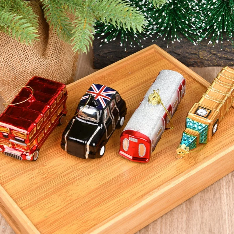 

1/4Pcs Christmas Decorative Glass Shaped Bus School Bus Trailer Ornament Hand-Painted Truck Christmas Tree Hanging Decoration