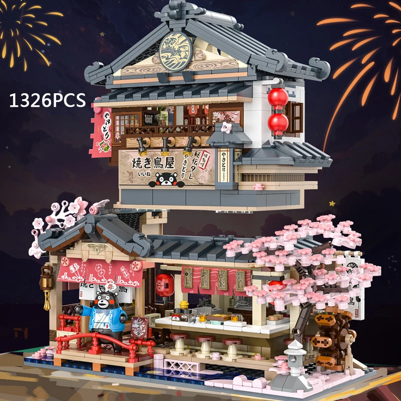 Creative Streetscape Building Block Kumamons Building Brick Japan City Street View Yakitoriya House Toy With LIGHT Construction