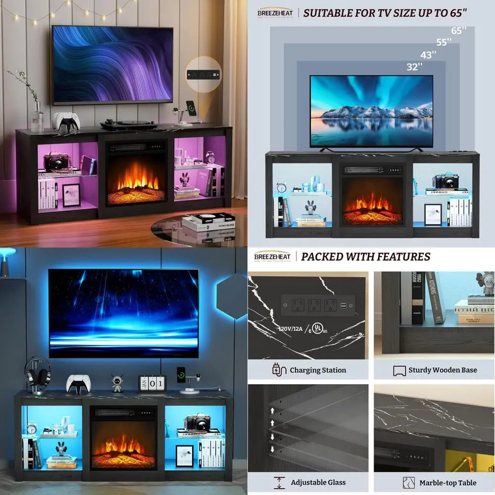 Soporte de TV con chimenea eléctrica para 65 televisores - Consola de centro de entretenimiento LED con 18 chimenea, muebles de salón