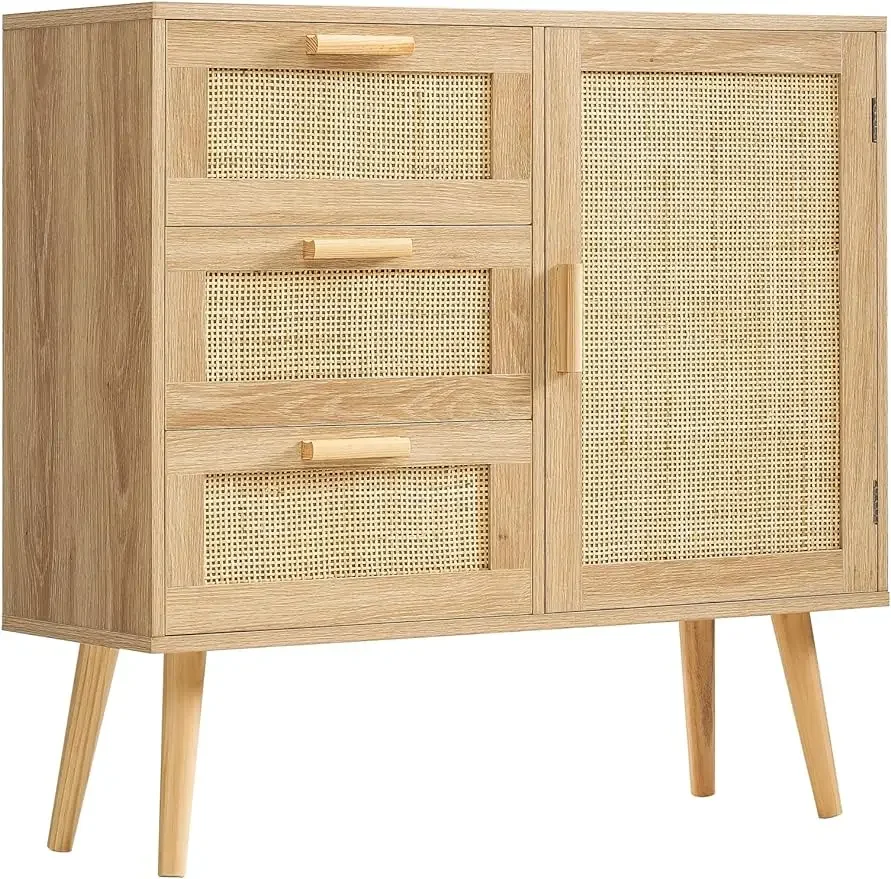 Storage Cabinet with Rattan Door & 3 Drawers, Rattan Cabinet with Adjustable Shelf, Bathroom Storage Cabinet, Accent Cabinet