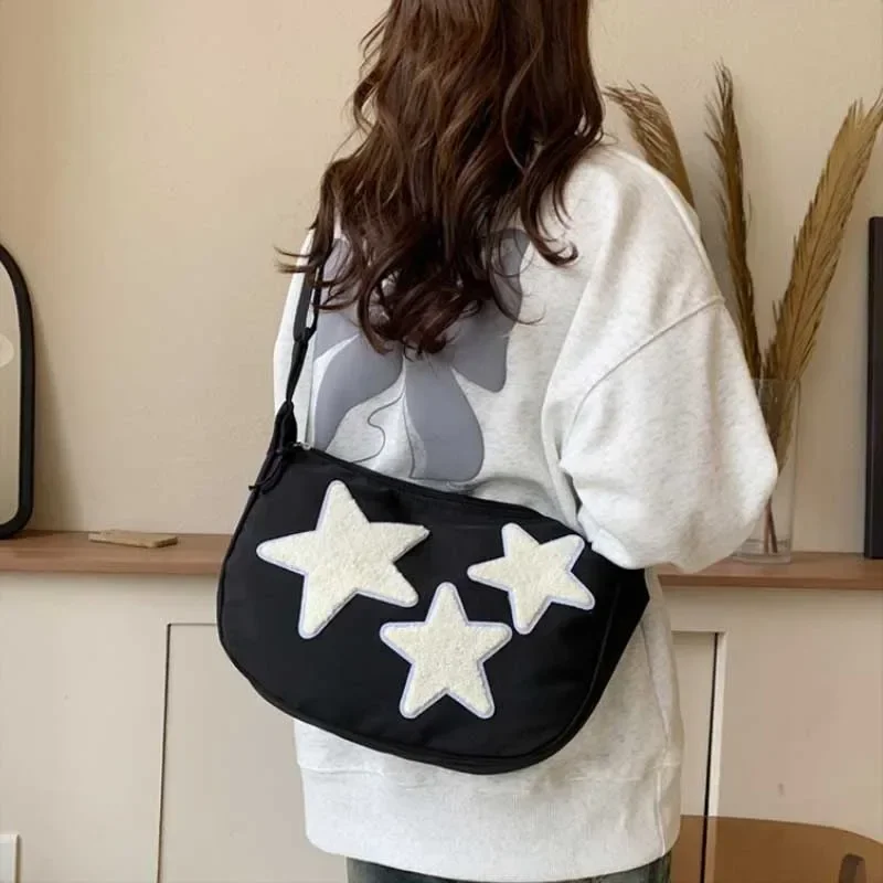 Women Canvas Messenger Shoulder Bag Crossbody Sling Bag Y2k Hobo Bag Pentagram Zipper Satchel Tote Bags Student BookBag Handbag