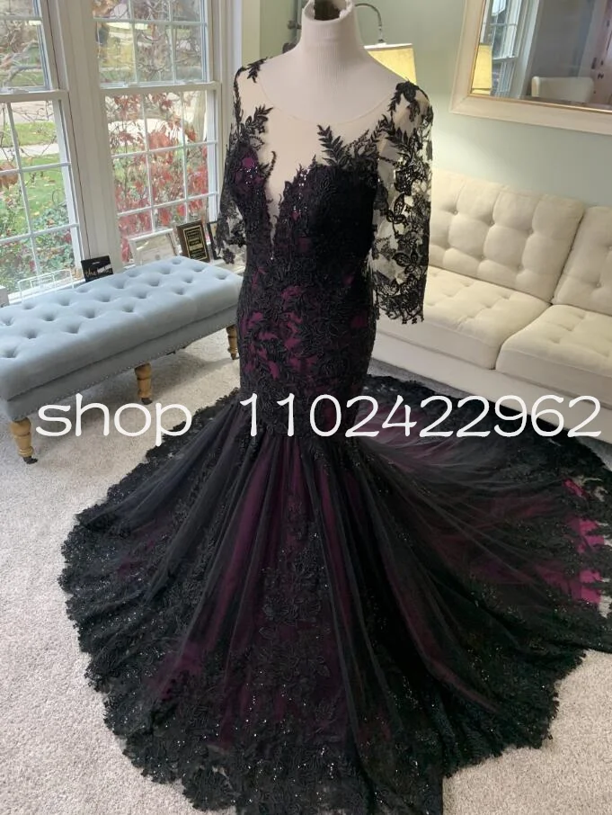 Black Purple Gothic Trumpet Wedding Dresses 2025 Full Lace Applique Illusion Buttons Back Bridal Gown Half Sleeve Customsized