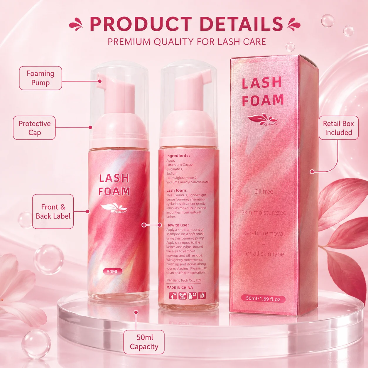 CEIBAM Oil Free Lash Foam Cleanser for Eyelash Extensions Gentle Shampoo Deep Cleansing Protect Lash Retention Salon Beauty Care
