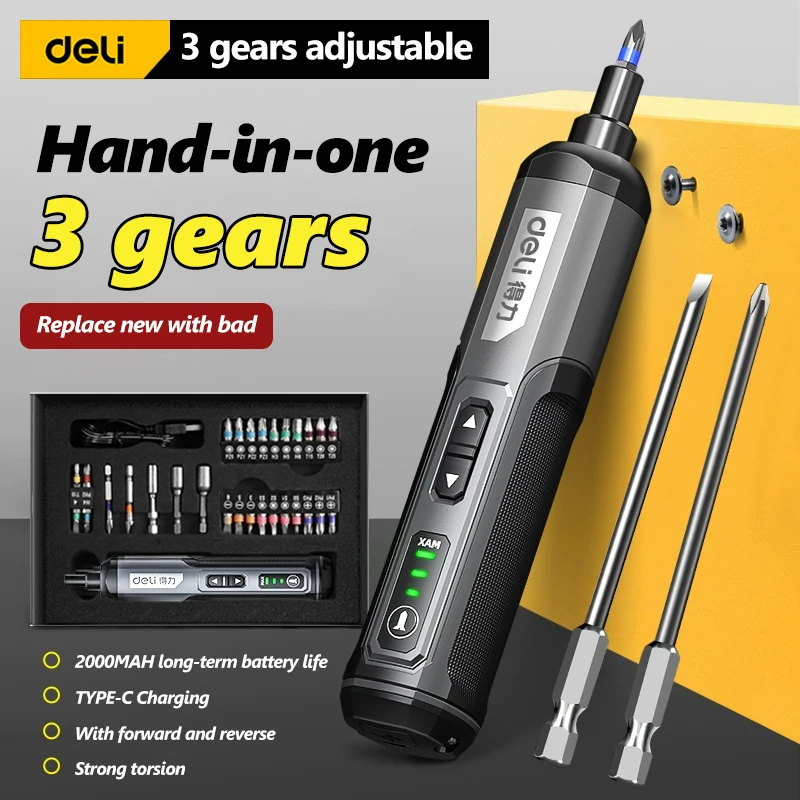 

Deli Electric Screwdriver 3-Speed Large Torque Cordless 2000mAh Battery Drill 4V Power Tools Set Household Maintenance Repair