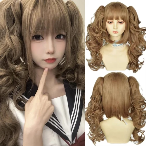 Pelo Rizado sintético romano de Lolita con flequillo, peluca de Anime dorada, peluca de Cosplay de fiesta para mujer Oberl