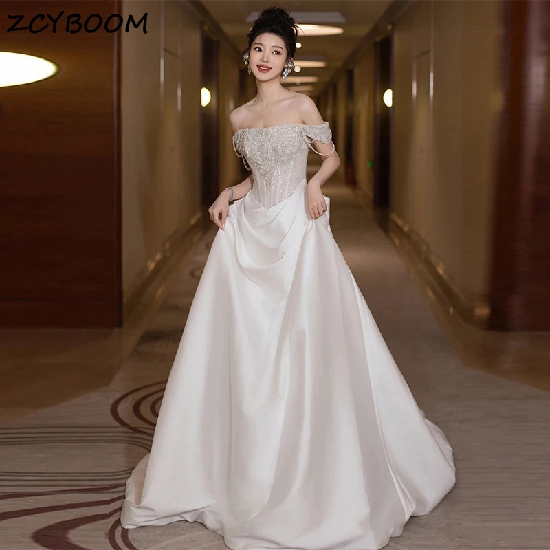 

Elegant Boat Neck Appliques Off The Shoulder A-Line Wedding Dresses For Women 2024 Court Train Bridal Gowns Vestidos De Novia