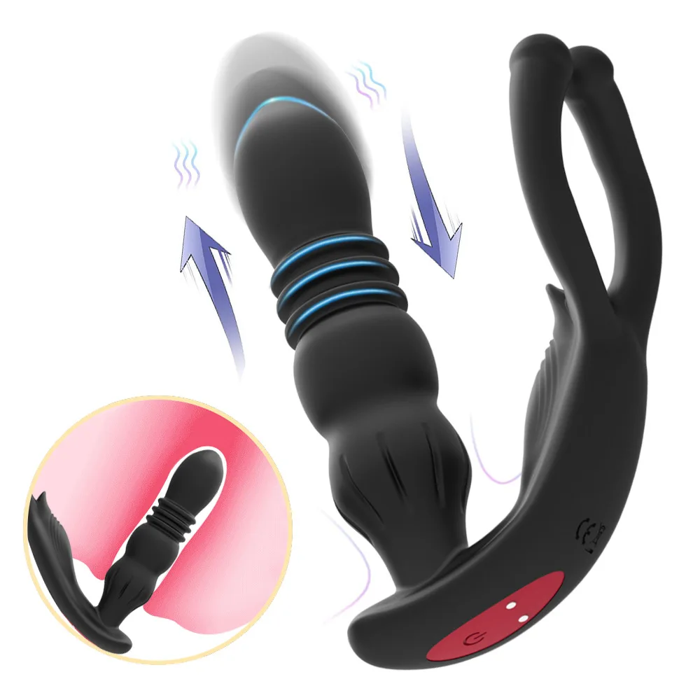 Silicone Anal Vibrator Thrusting Prostate Stimulator Massager Delay Ejaculation Lock Ring Anal Butt Plug Sex Toys Dildos for Men