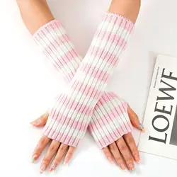 30cm Women's Fashionable Striped Fingerless Mittens Girls Long Knit Gloves for Warmth Winter Glove