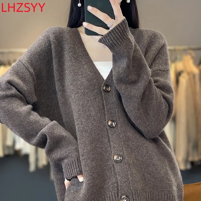 LHZSYY Women\'s New 100% Pure Wool Cardigan Autumn Long-Sleeved Coat V-neck Female Jacket Thick Sweaters Large size Knit Shirts