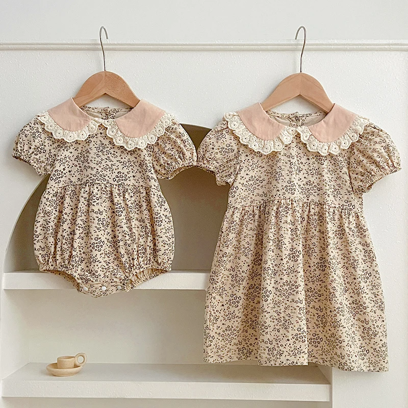 Sommer Baby Mädchen Schwester Kleidung neue Kleinkind Baby Stram pler Prinzessin Kinder Mädchen kurz ärmel ige Blumen bedruckte Kleider Kleidung