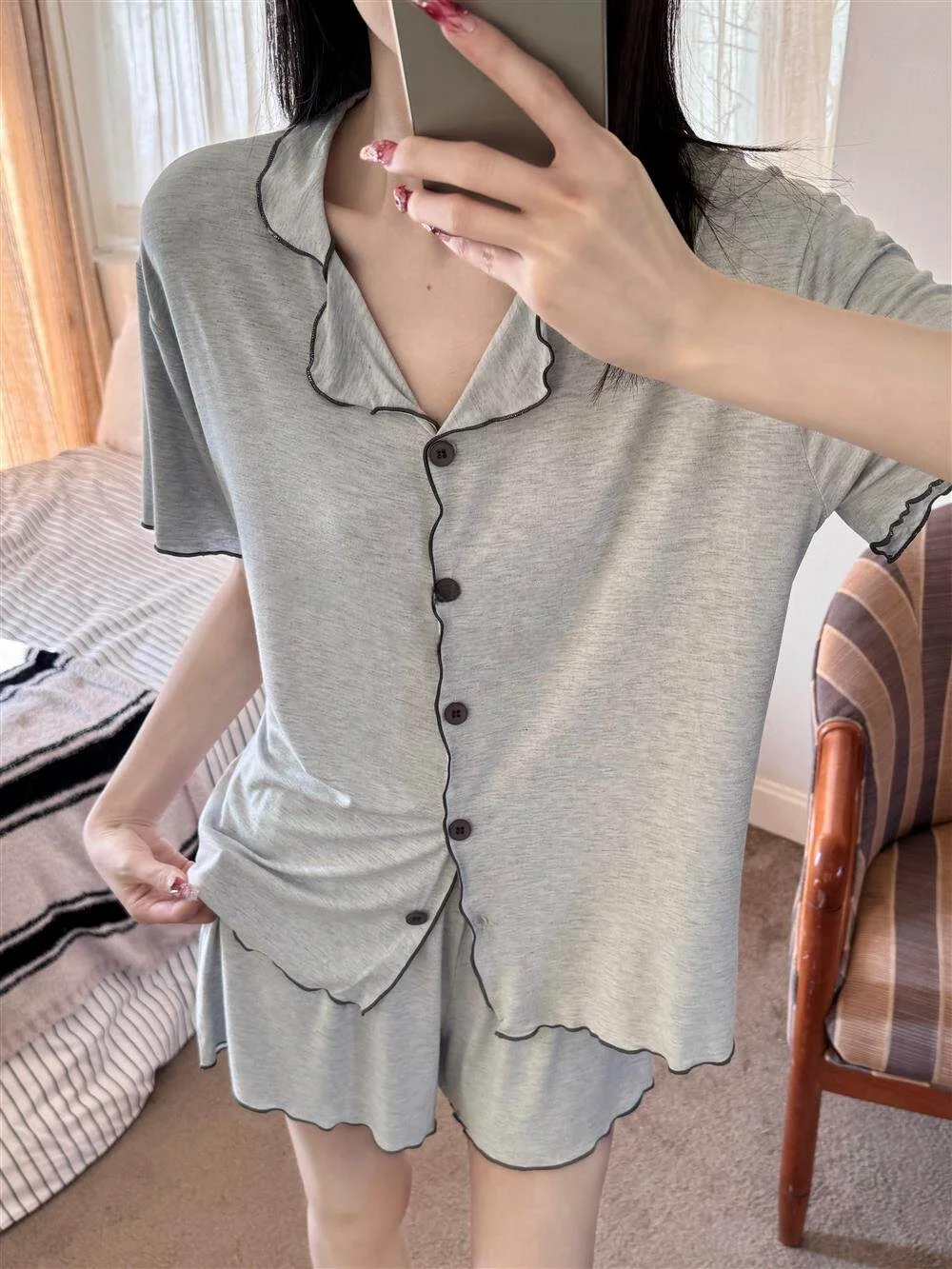 

Summer New Women's Modal Cotton Short Sleeve Open Cardigan Nightgown with Wood Grain Ruffle Home Clothes Set Cool Feeling