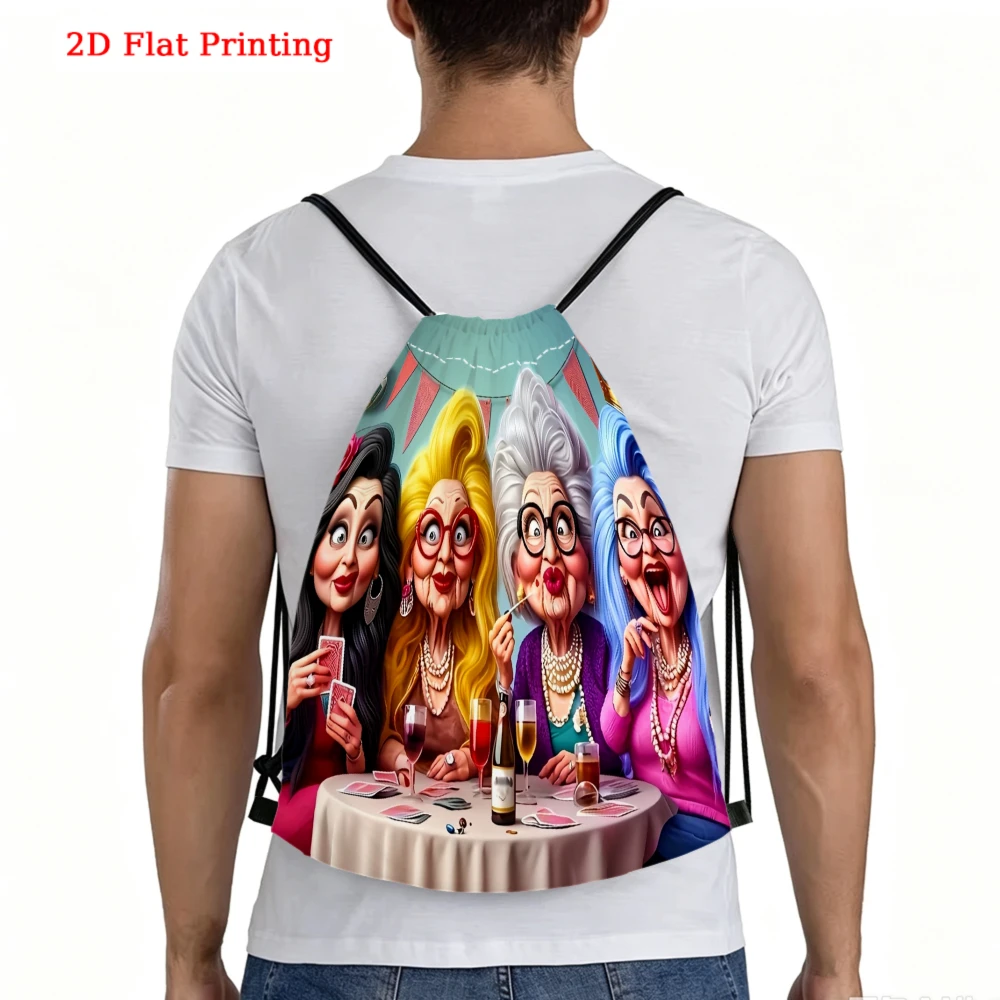 Cartoon Style, Drawstring Backpack, 2D Flat Printing Funny Old Ladies Pattern, Fitness Sports Bag, Outdoor Travel Drawstring Bag