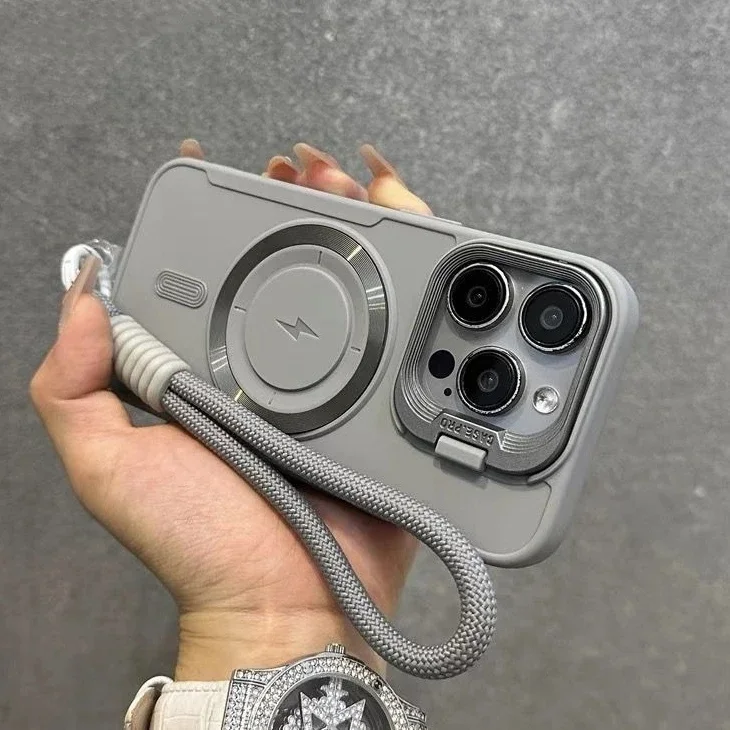 Aufklappbarer Objektivschutz für MagSafe mit Handgelenkschlaufe Hülle für iPhone 14 17 15 13 16 11 12 Pro Max Air Einfarbige Stoßfeste Abdeckung