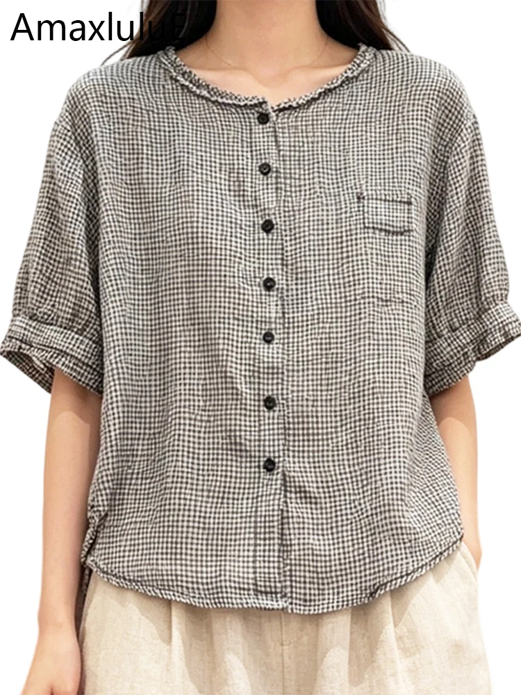 

Amax LuluE British Design Plaid Shirts Females Summer Fashion Causal Loose Cotton Linen Tops Womens 2026 Vintage Classic Blouses