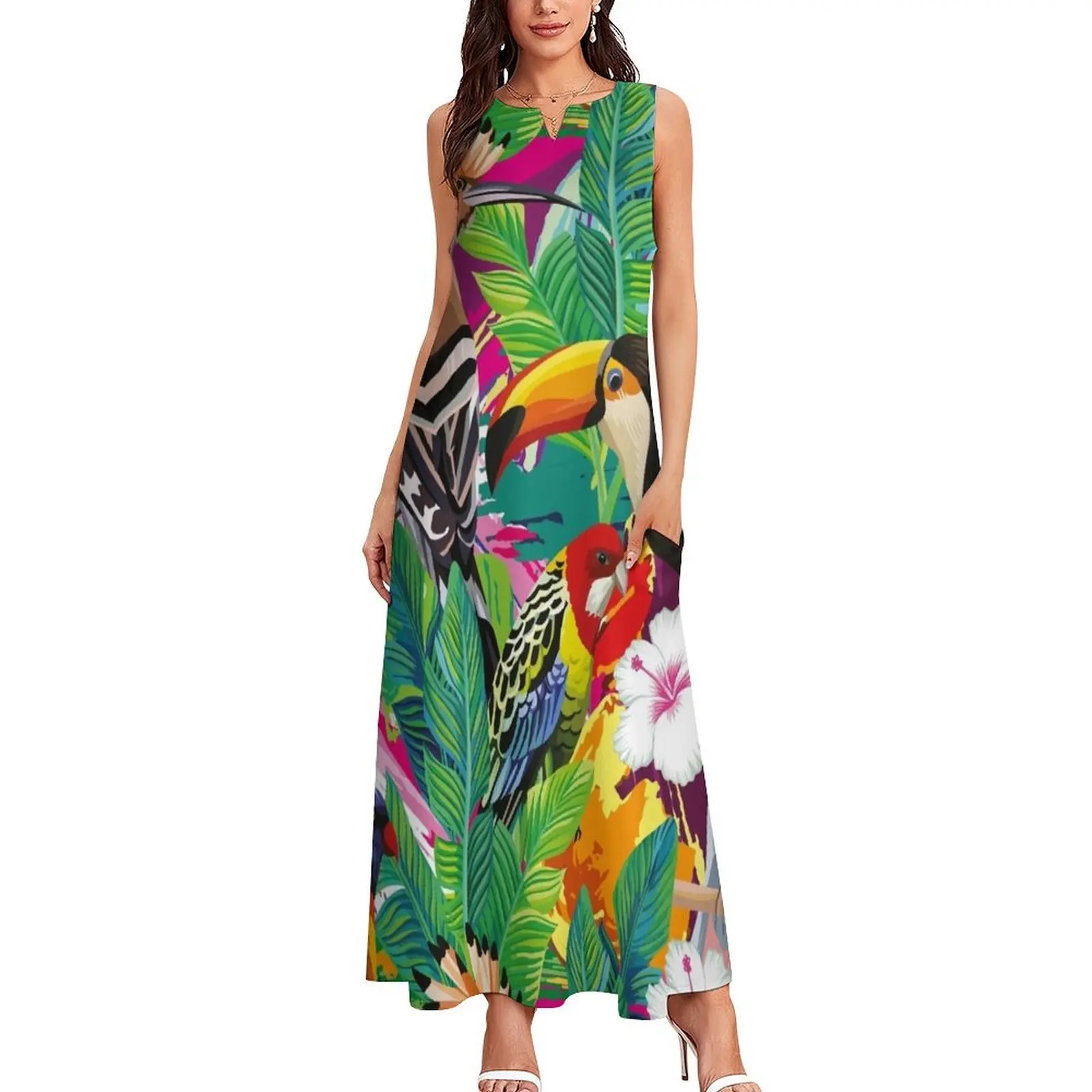 Seamless Composition Tropical Bird Toucan Parrot Hoopoe Palm Leaves Long Dress Prom gown Womens dresses luxury dress Dress