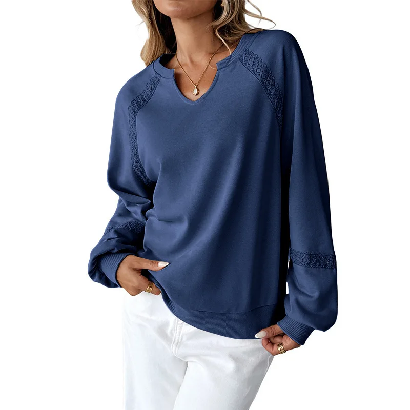 

Autumn Simple Solid Color Half-open Collar Stitching Lace Loose Fashion Long-sleeved Sweatshirt Women's Comfortable Casual Top