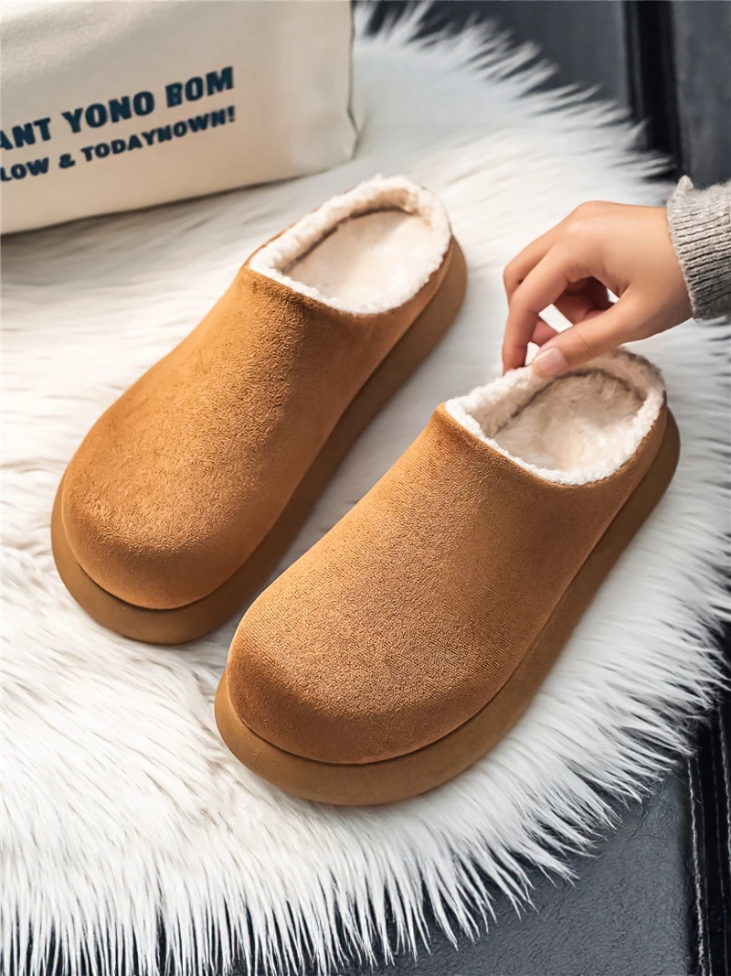 Men's Winter Thickened Fleece Lined Cotton Slippers Casual Wear-Outside Slip-On  Style Leather And Fur Integrated ...