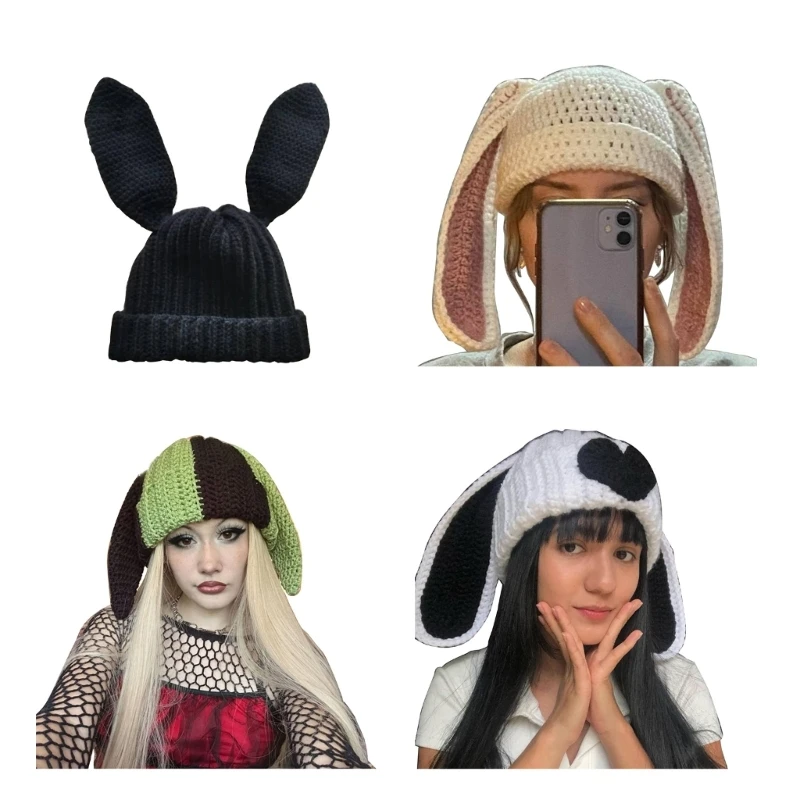 

Popular Knitted Hat Soft Beanie Funny RabbitEar Pullover Hat Women Headdress