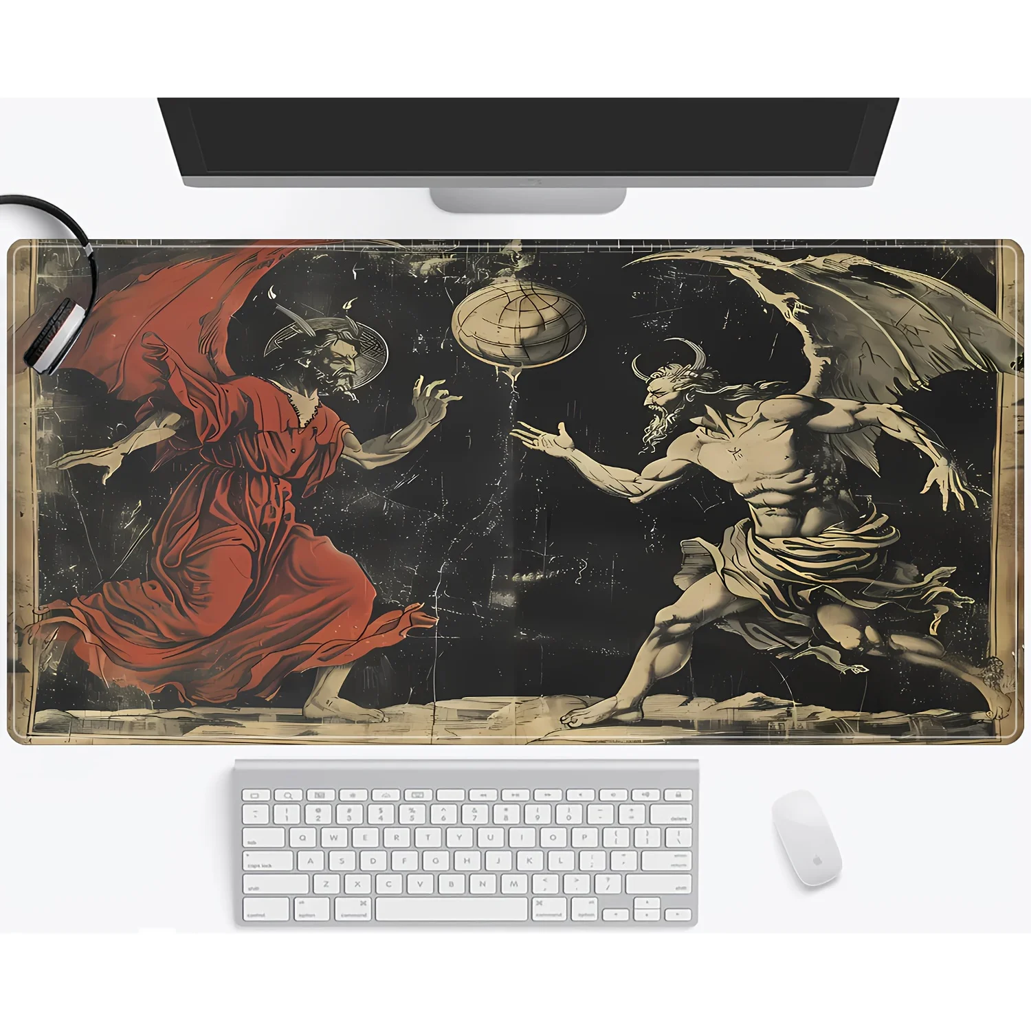 A large fantasy demon battle mouse pad for gaming and office use, featuring black and vibrant red and gold artworks