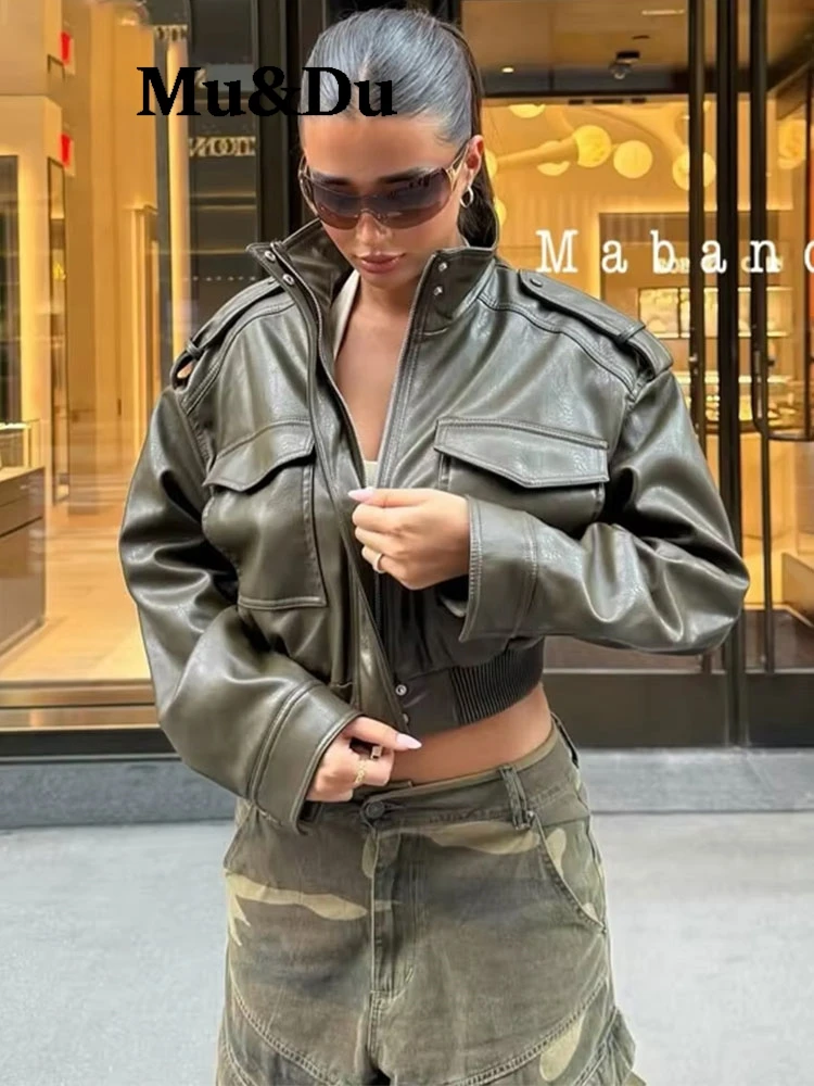 Women Faux Leather Cropped Coat Vintage Bomber Jackets With Pockets Long Sleeve Motorcycle Outerwear Zipper Overcoat