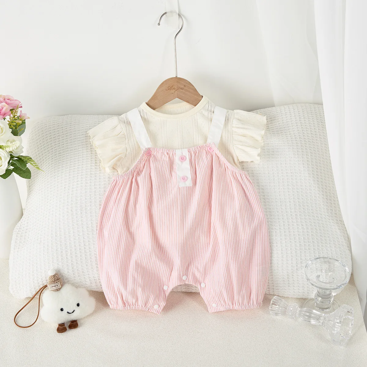 

Summer Infant and Toddler Set, Female Baby Thin Vertical Striped Strap Pants Minimally Stylish Cotton Top, T-shirt Two Piece Set