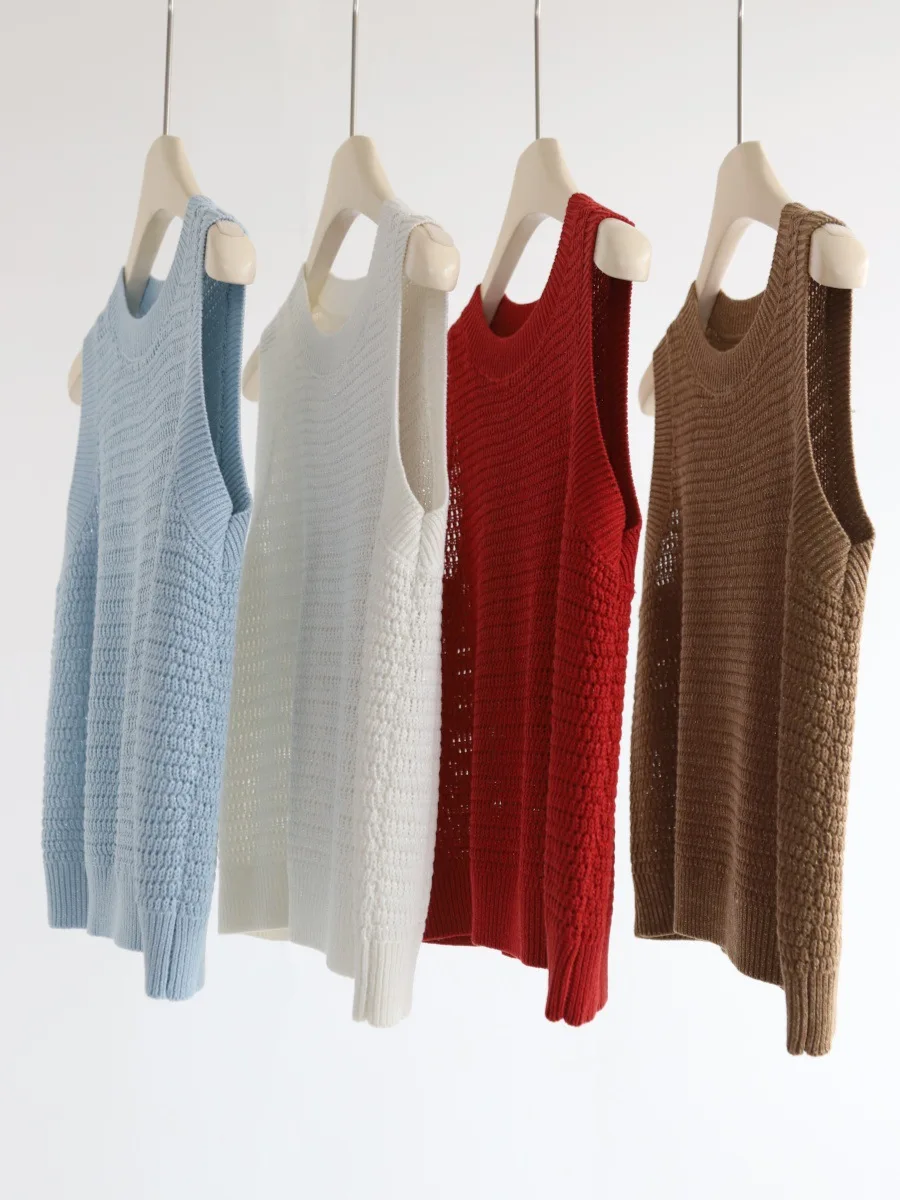 Dave&di Coarse Needle Vest, Women's Hollowed Out Gold Silver Silk Linen Blend, Sleeveless Knitted Vest For Outerwear