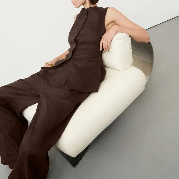 Casual Sle Damen Weste und Hose Set rund Ne Svel Lose weites Bein Lange Hosen Pendeln Zweiteiliges Sommeroutfit