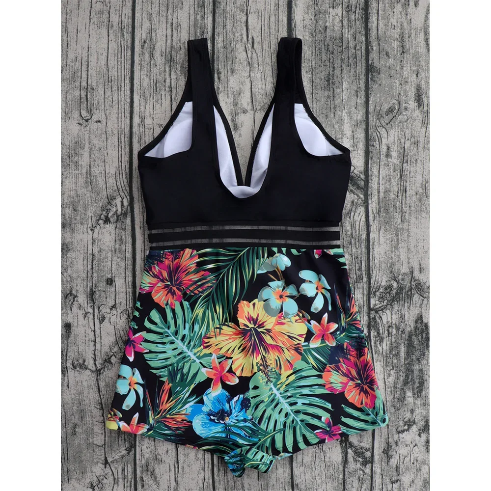 Sexy Print Shorts Bikini V-neck Swimsuit One-piece Swimwear Patchwork Monokini Women Beach Outfit Micro Bikinis Set Bathing Suit