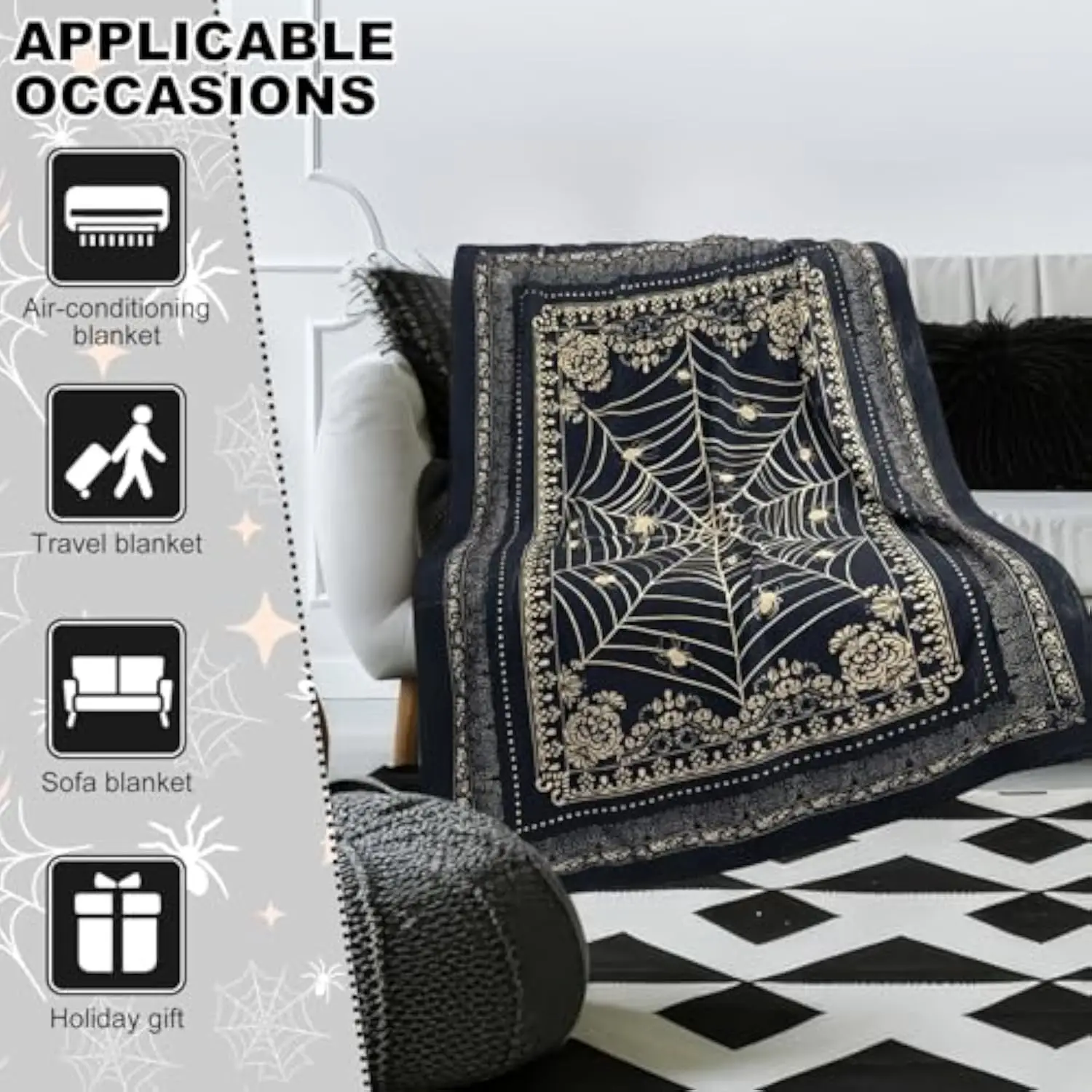 Spider Web Throw Blanket Gothic Flannel Soft Warm Blanket Victorian Witchy Decor for Couch Bed Chair Gifts for Men Women