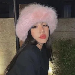 2024 Big Faux Fur Fluffy Bucket Hat for Women Luxury Plush Winter Hat Thicken Snow Oversized Fur Bucket Hat Soft Big Panama Cap