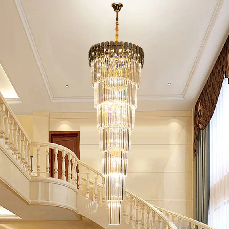 Newest Modern Decorative Gold Crystal Long Chandelier Hotel Mall Living Room Indoor Luxury Ring Hanging Pendant Lamp