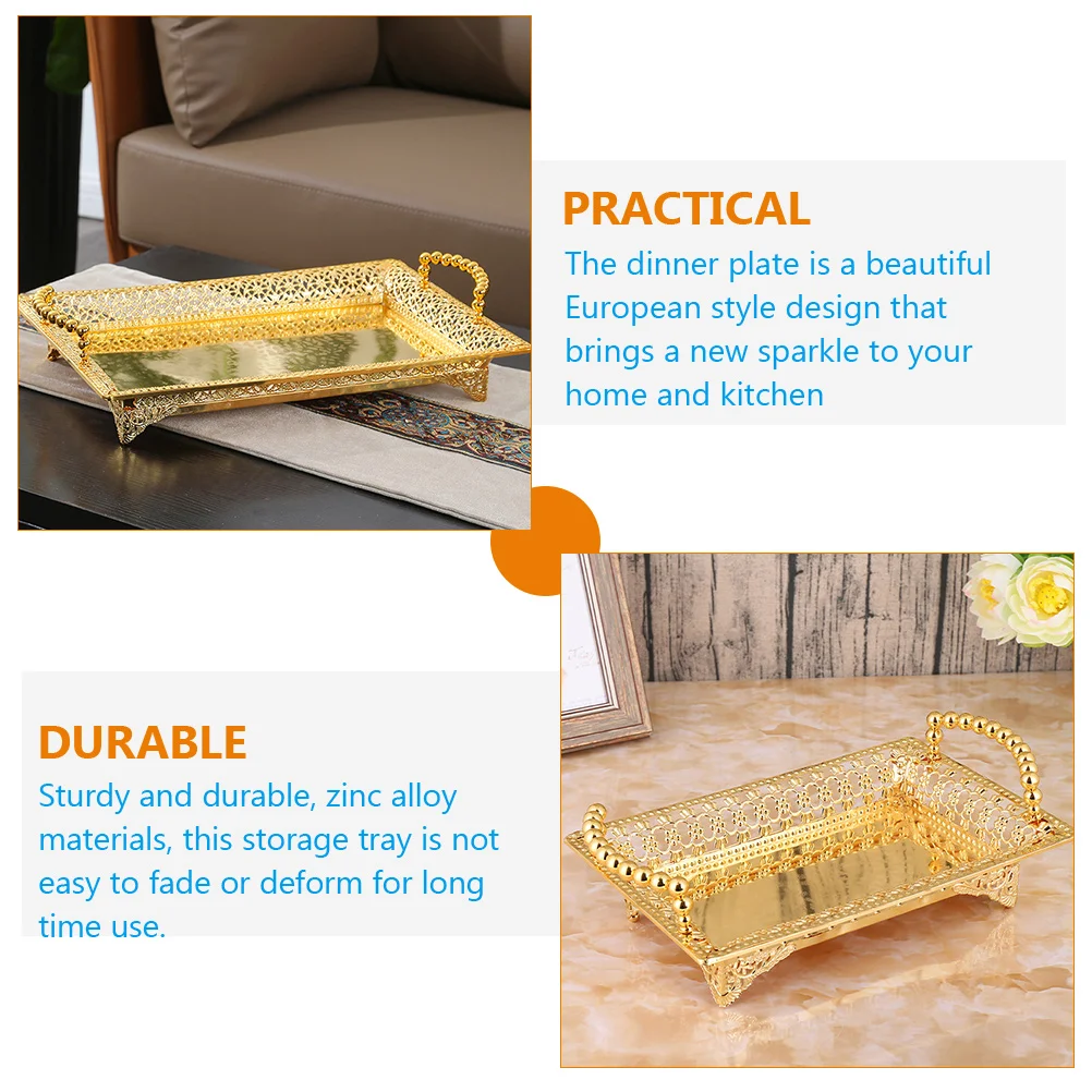 

Metal Fruit Tray Silver Food Serving Rectangle Coffee Table with Handle Zinc Alloy Storage