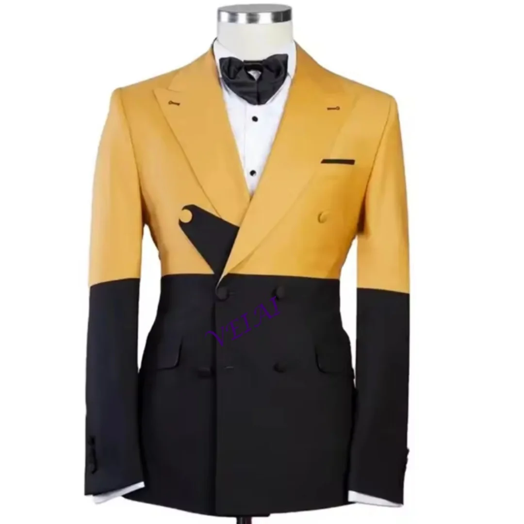

CustomizedDouble Breasted Men Suits Light Yellow/Black Groom Tuxedos Peak Lapel Groomsmen 2 Pieces Set ( Jacket + Pants + Bow ti
