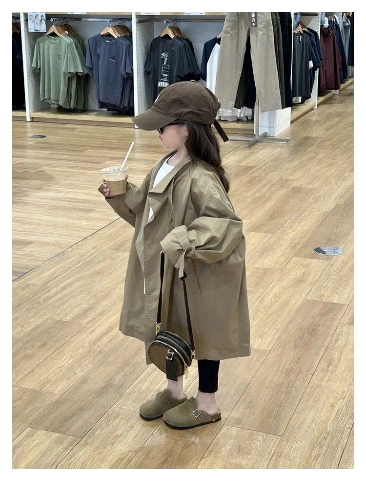 

Весенне-осенняя корейская версия, детская свободная повседневная модная куртка цвета хаки в британском стиле, плащ для девочек 110-150 см