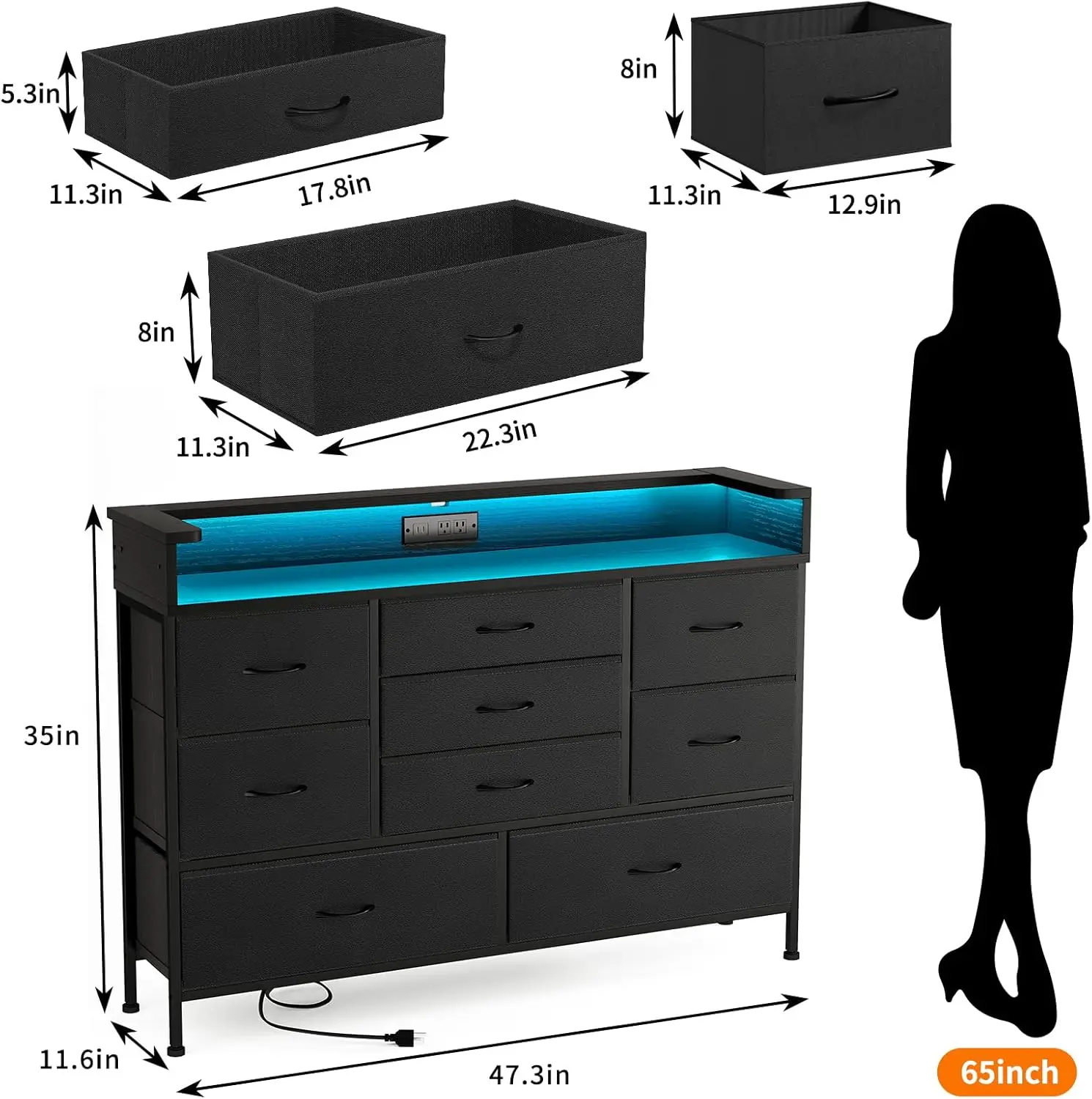 

Black LED Dresser, Dresser with 9 Drawers and Charging Station, Fabric Chest of Drawers with PU Finish for Kid Room,