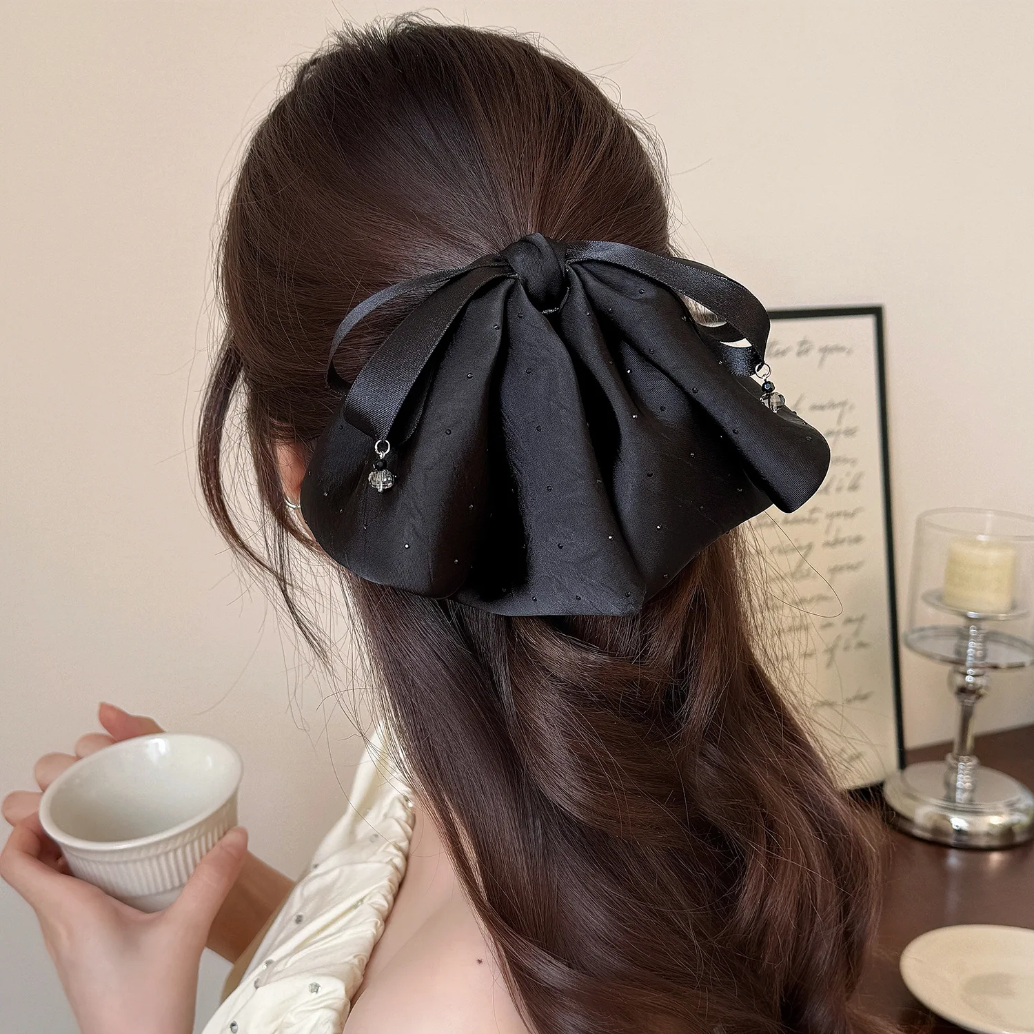 

Hot Selling Black Bow Hair Claw with Rhinestone French Elegant Shark Clip for Women High Ponytail Versatile Daily