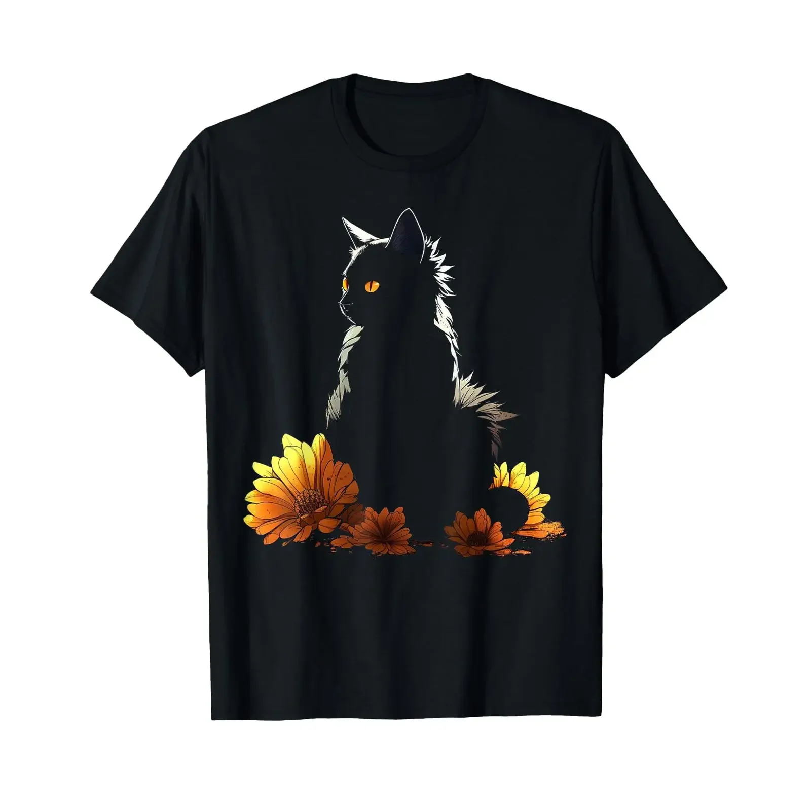 Cat Flower Illustration Animal T Shirt vintage Washed Slightly fashion Versatile Stylish Top For Everyday Wear Soft graphic