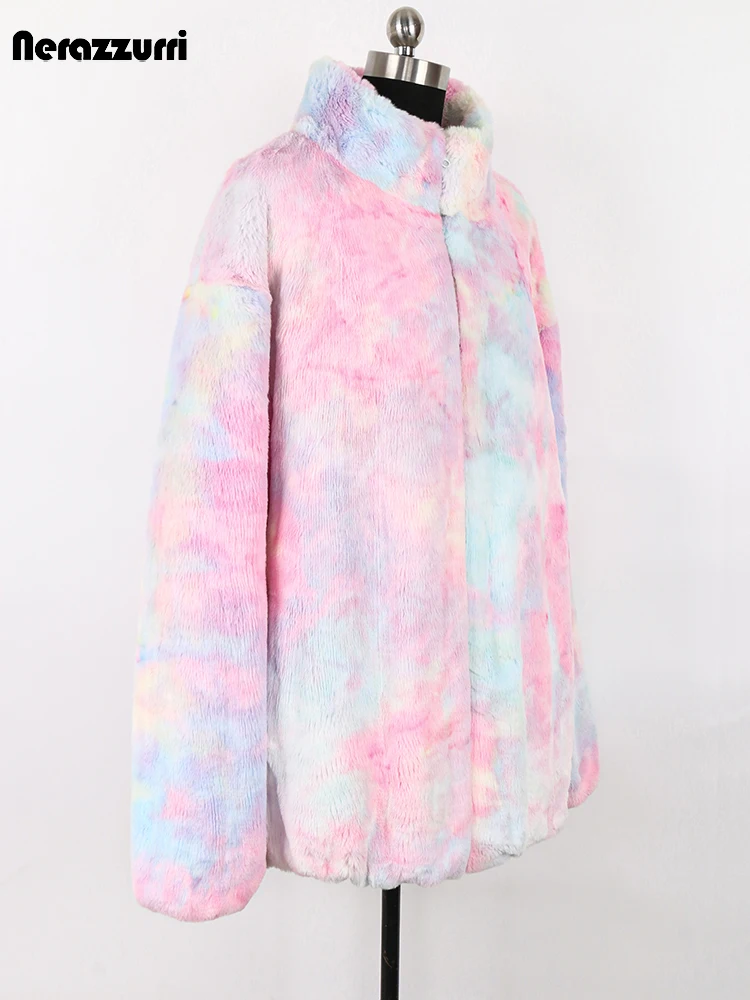 Nerazzurri Winter Colorful Casual Loose Thick Warm Faux Fur Coat Women Long Sleeve Stand Collar Zip Up Tie Dye Fluffy Jacket