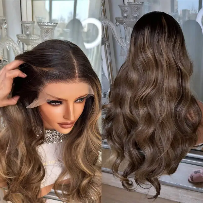 

28-дюймовый длинный объемный парик с свободной частью Ombre Темно-коричневый блондин Синтетический парик фронта шнурка Натуральная предварительно выщипанная линия волос с волосами ребенка