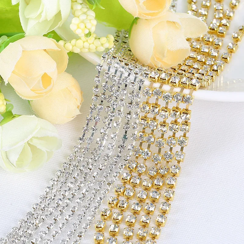 Super Bright Silver Gold Base Claw 1yard Sparse 2mm 2.5mm 3mm 4mm 5mm 6mm 8mm Clear Crystal Glasses Rhinestone Cup Chain Sew On