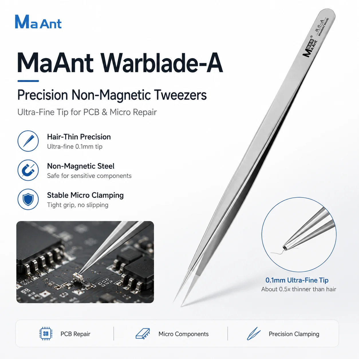 MaAnt Warblade A/D/L Non-Magnetic Stainless Steel Tweezers Ultra Fine Point for Phone Computer PCB Soldering Repair Tool