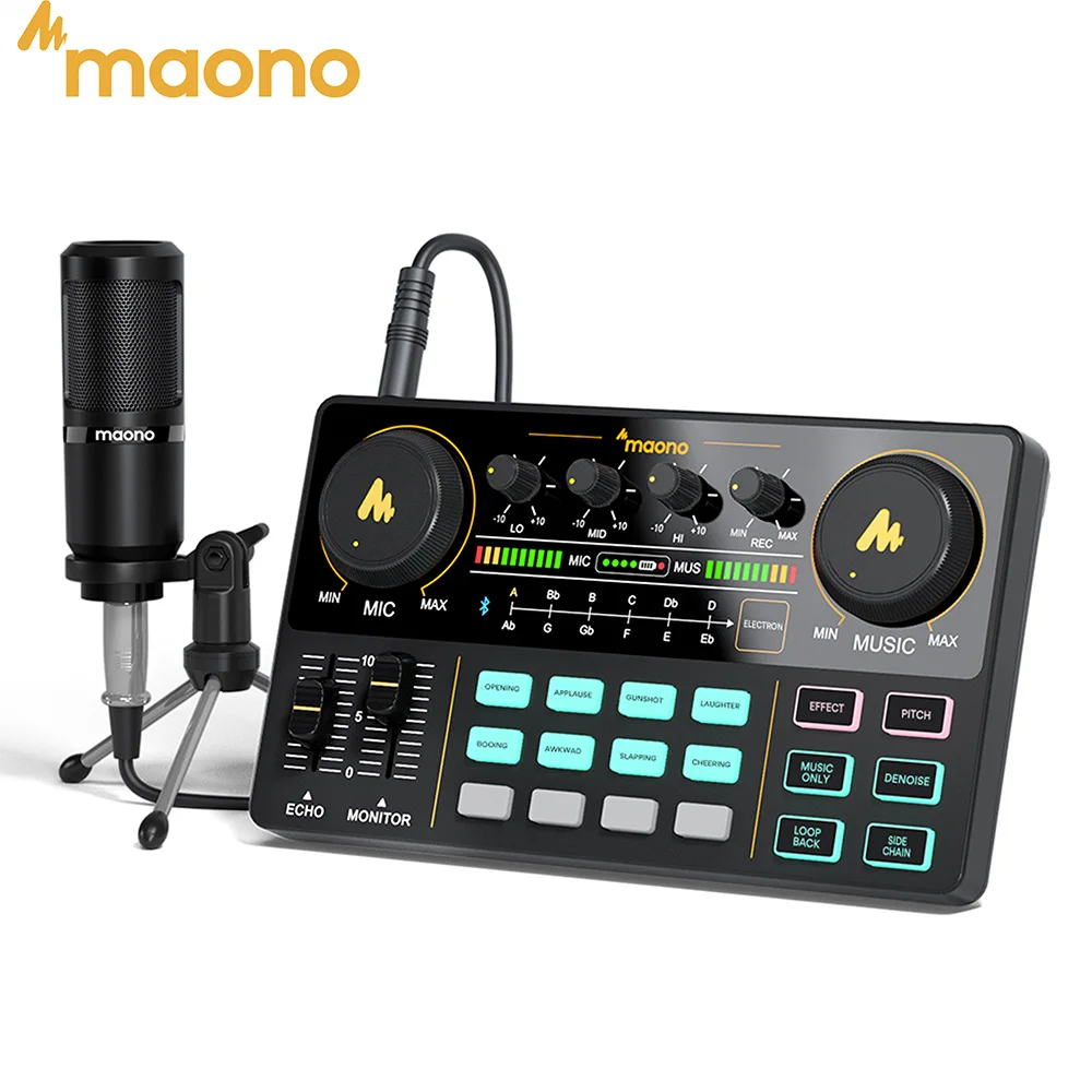 MAONO Bundle Audio Interface Condenser Microphone Set Podcast Equipment All-in-One Podcast Production Studio with 3.5mm Microphone for Live Streaming Recording PC Smartphone DJ