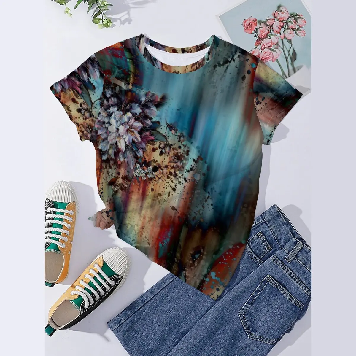 

Seeyoushy Rainbow Flower Print 3D Printed Trend Top Harajuku Women's Short Sleeve Top Y2K Gothic Women's Casual T-shirt Acotar