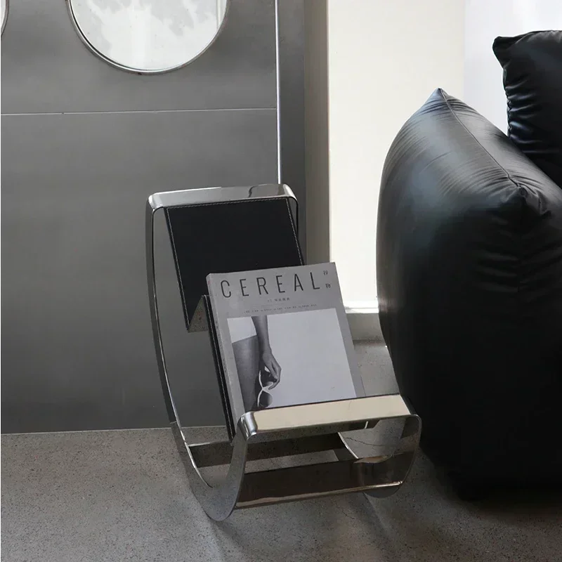 

Stainless steel saddle leather swing bookshelf magazine rack living room book and magazine rack